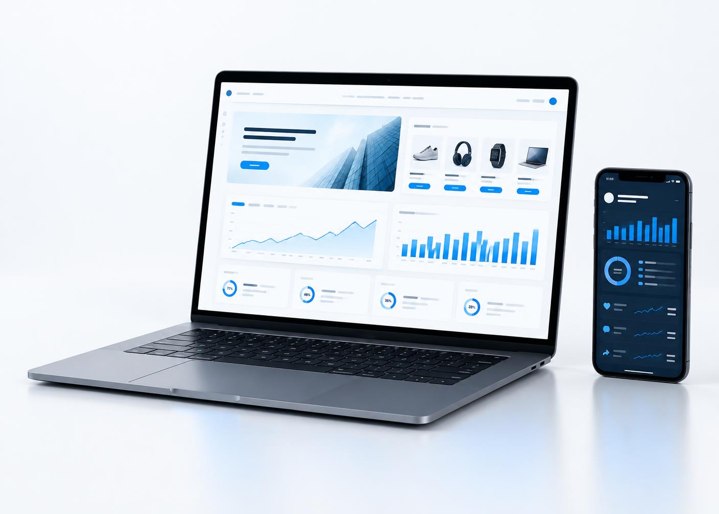Laptop and mobile dashboard representing POZFLY digital services
